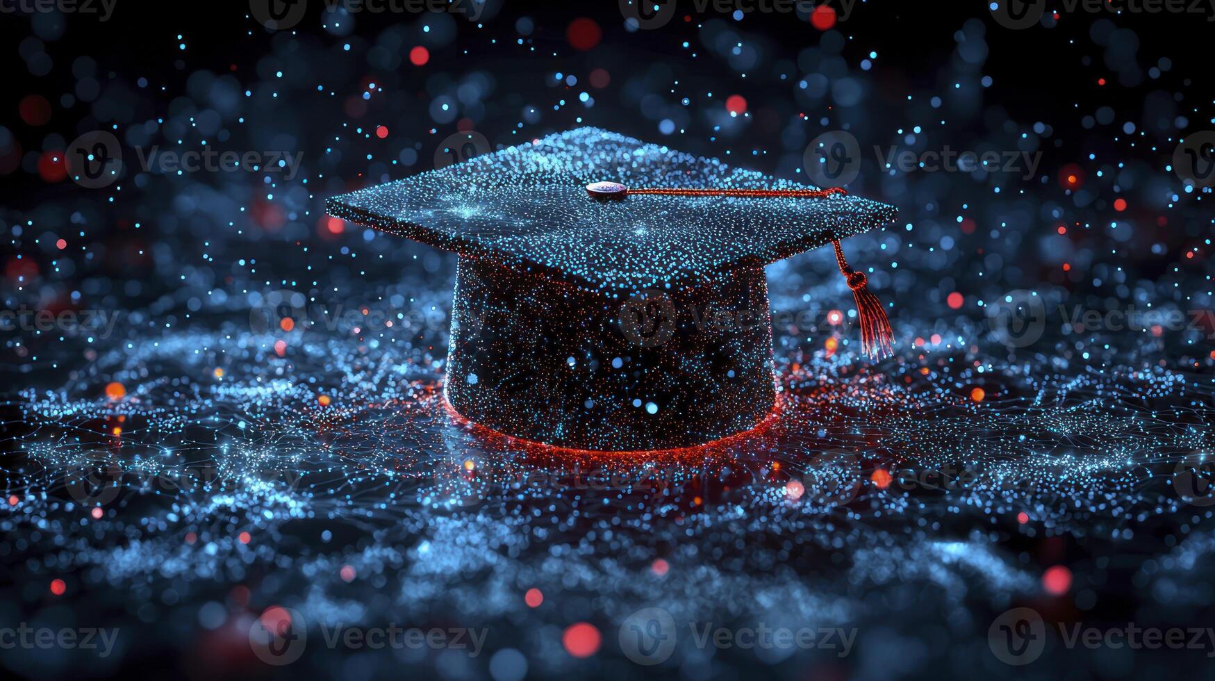 A graduation cap is surrounded by glowing dots photo