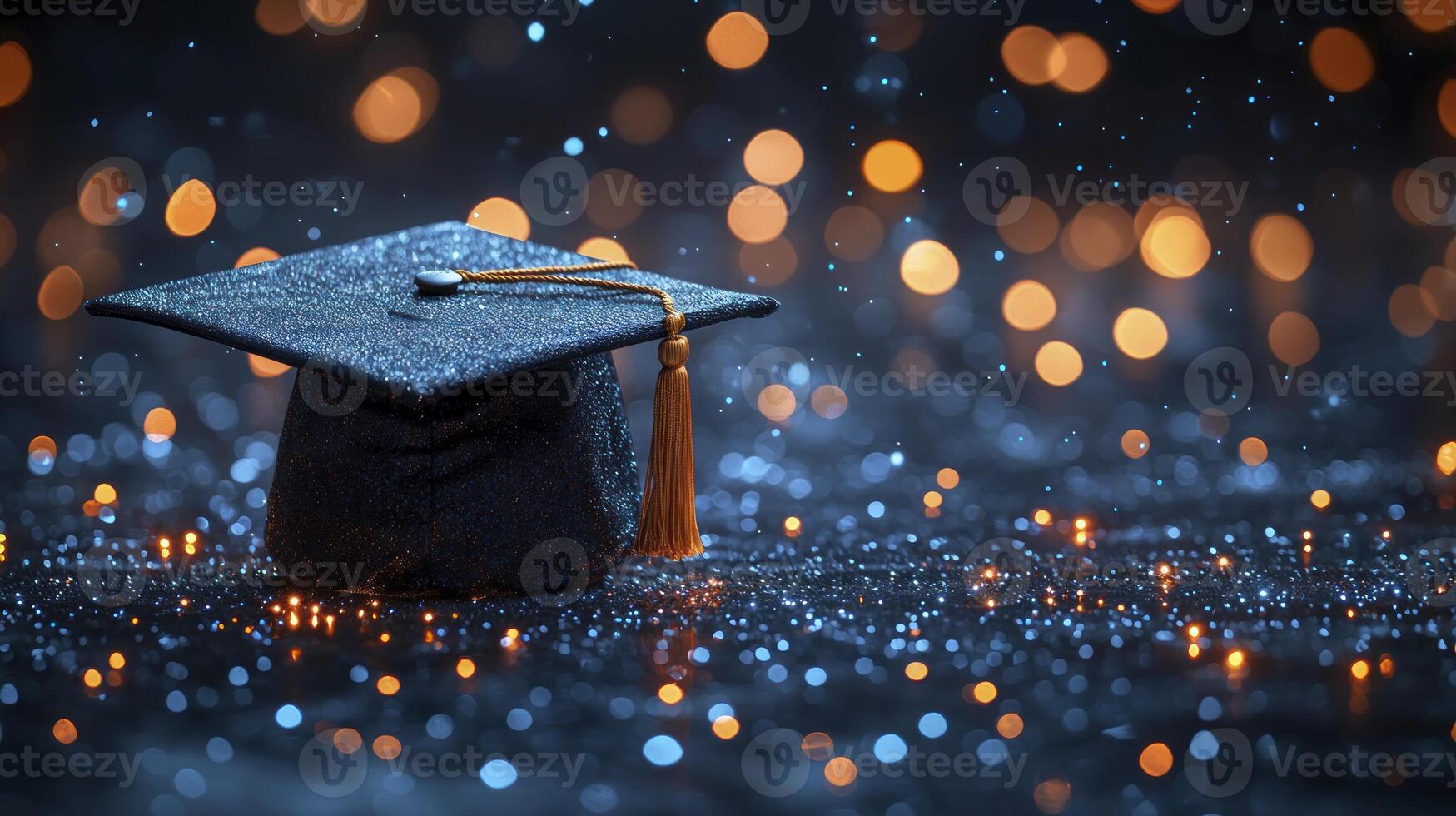 A graduation cap is sitting on a table with a bokeh background photo