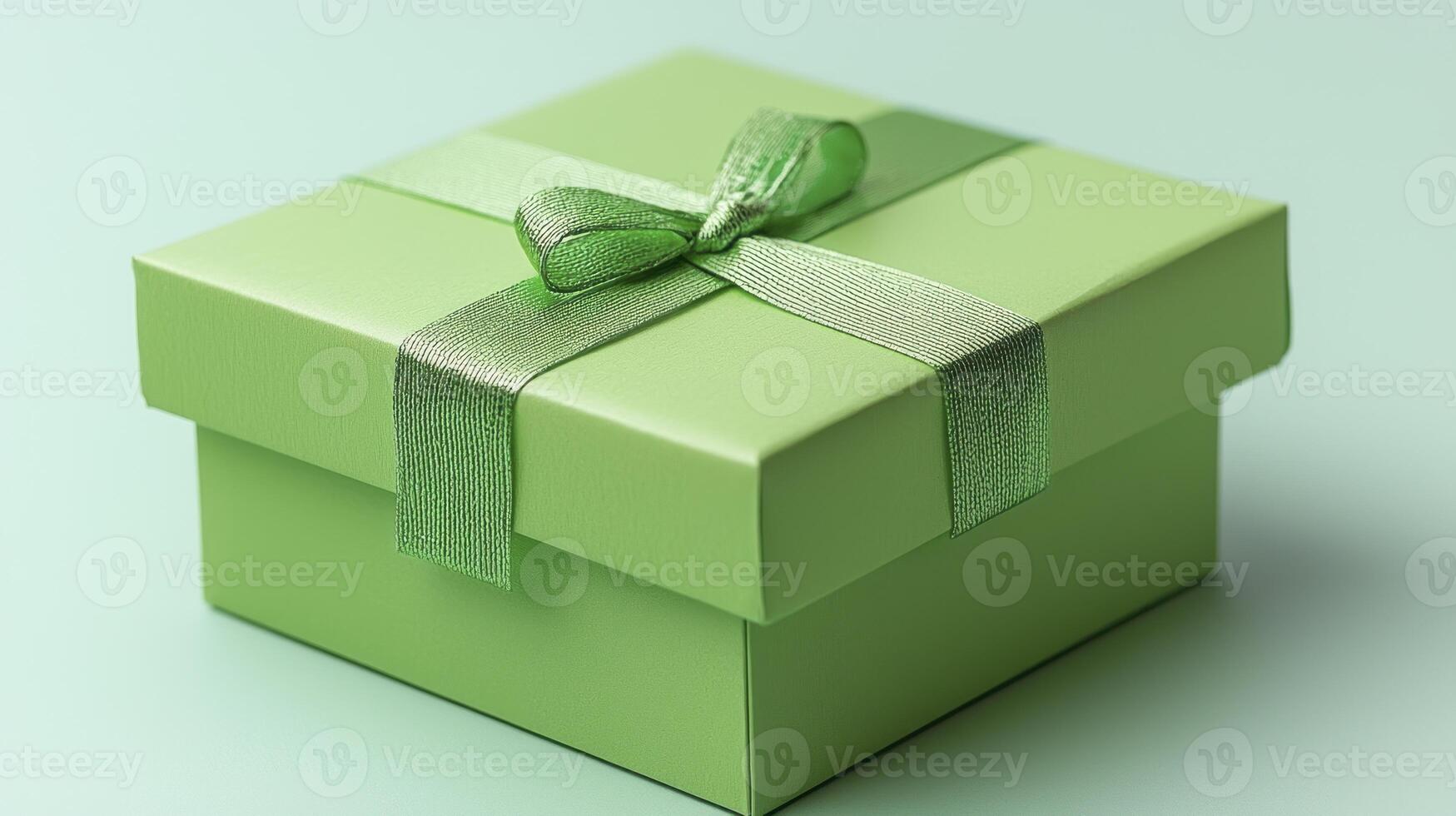 Green gift box with ribbon and bow on a light background photo