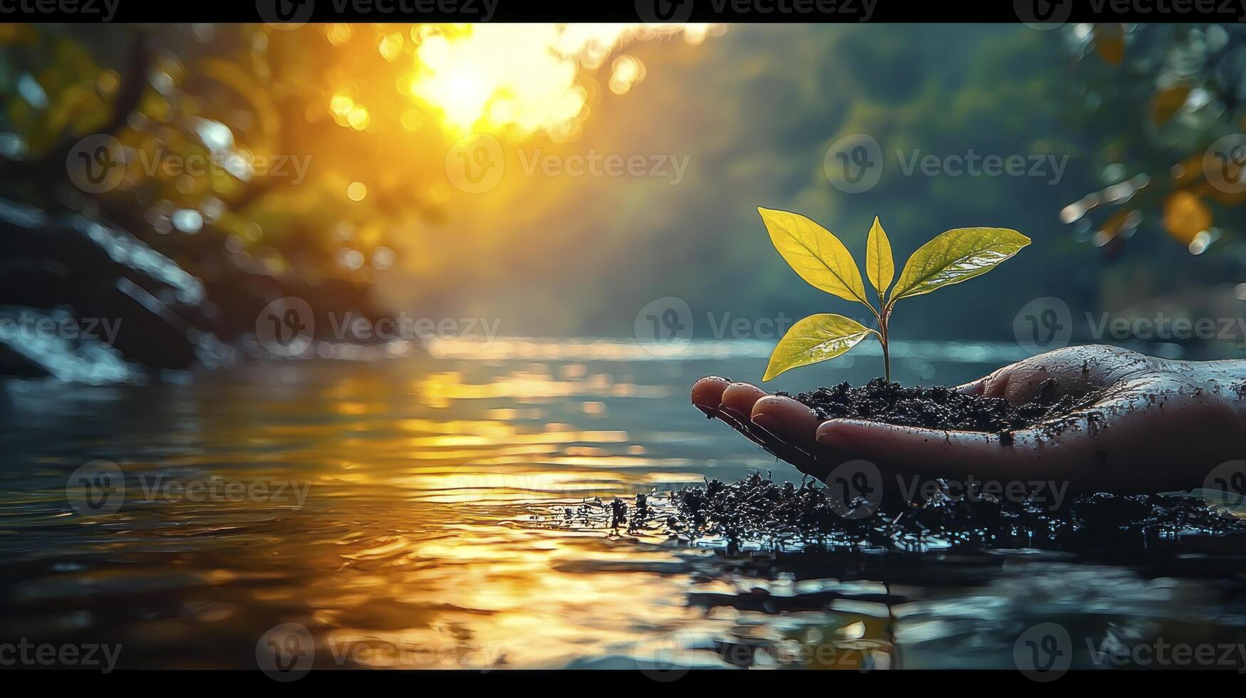 A hand holding a plant in the water with the sun setting photo