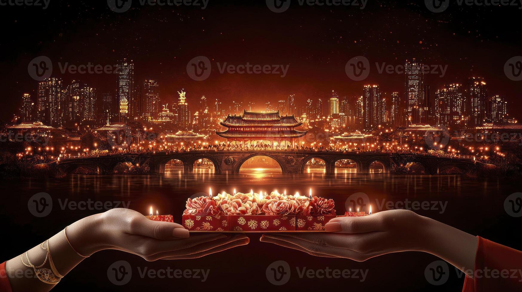 Chinese new year celebration with hands holding a box of candles photo