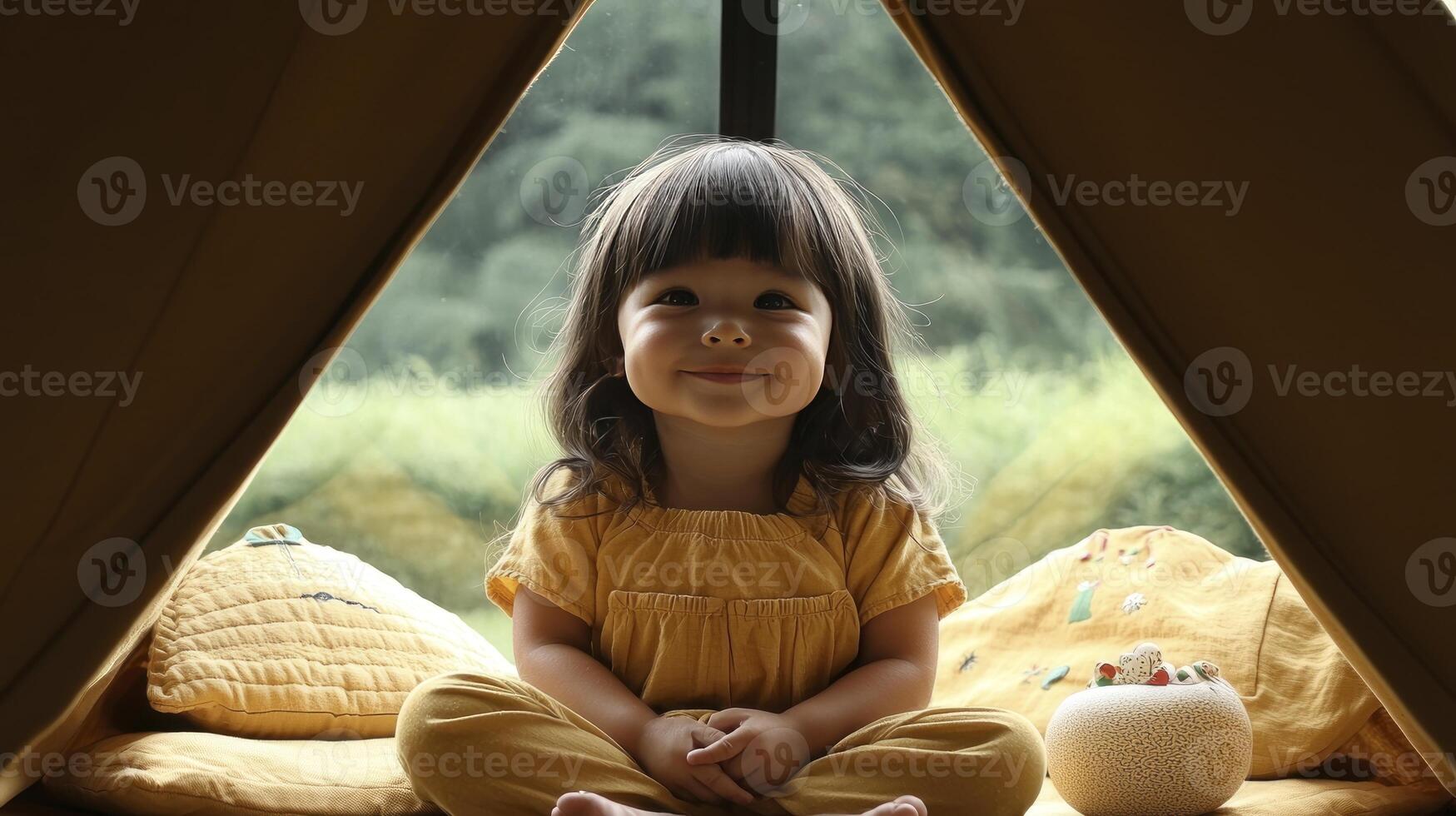 A little girl sitting in a tent photo