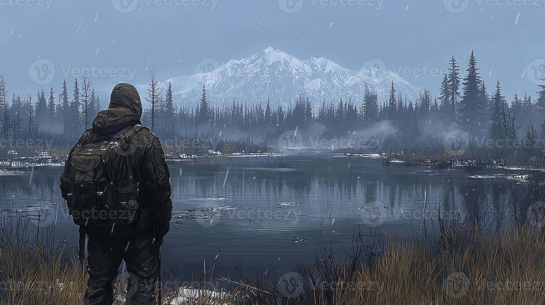 A man in the snow with a backpack and a backpack photo