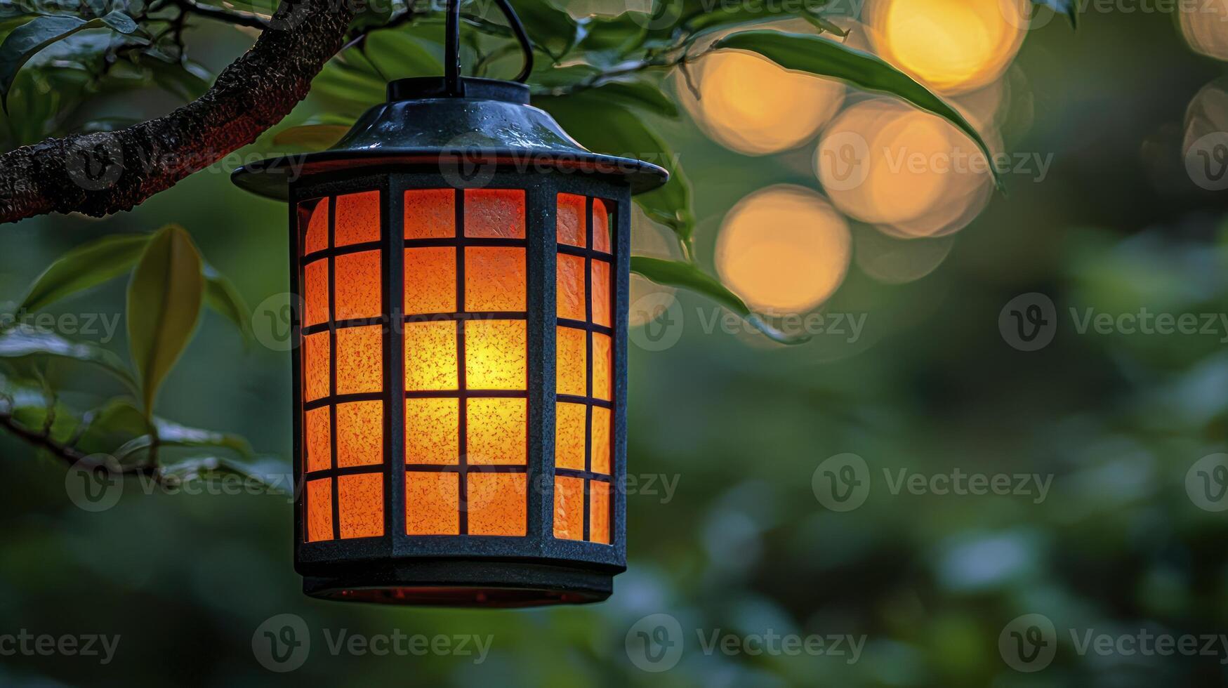 A lighted lantern hanging from a tree photo