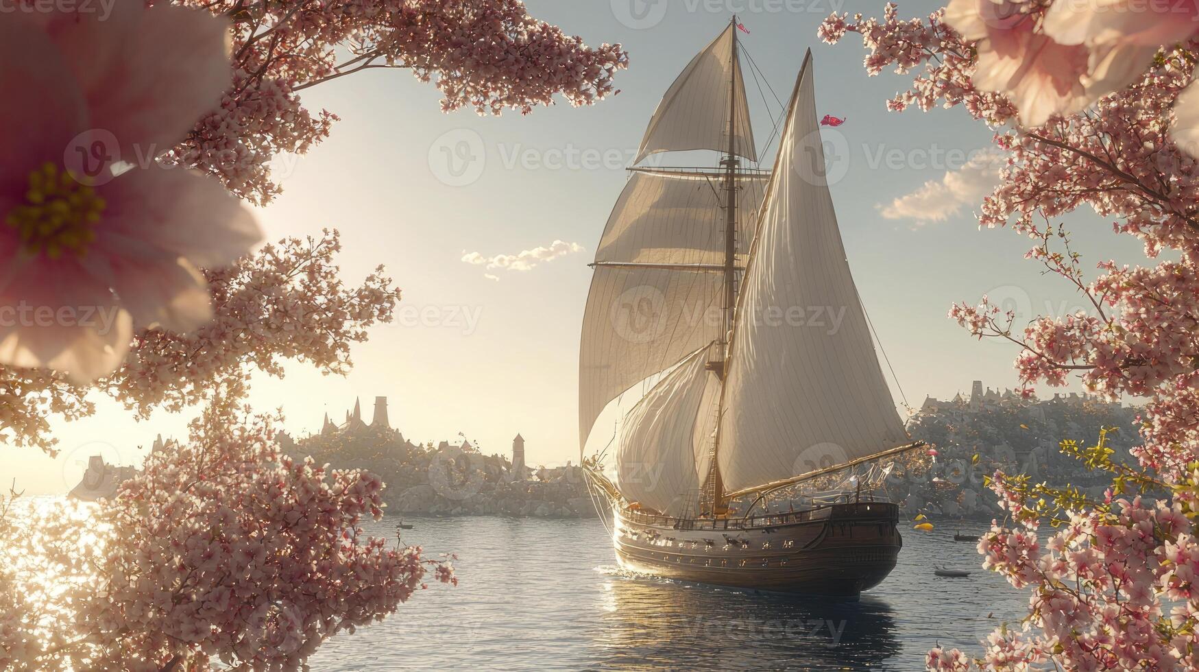 A sailboat in the water with flowers photo