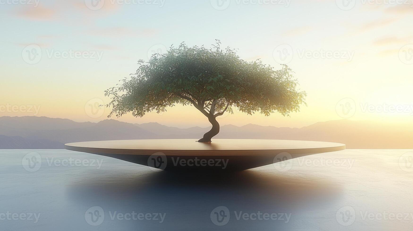 Tree on a circular platform with mountains in the background photo