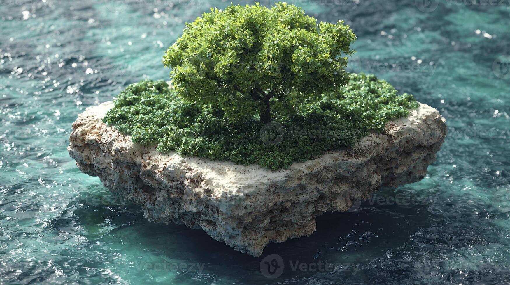 A tree is growing on an island in the ocean photo