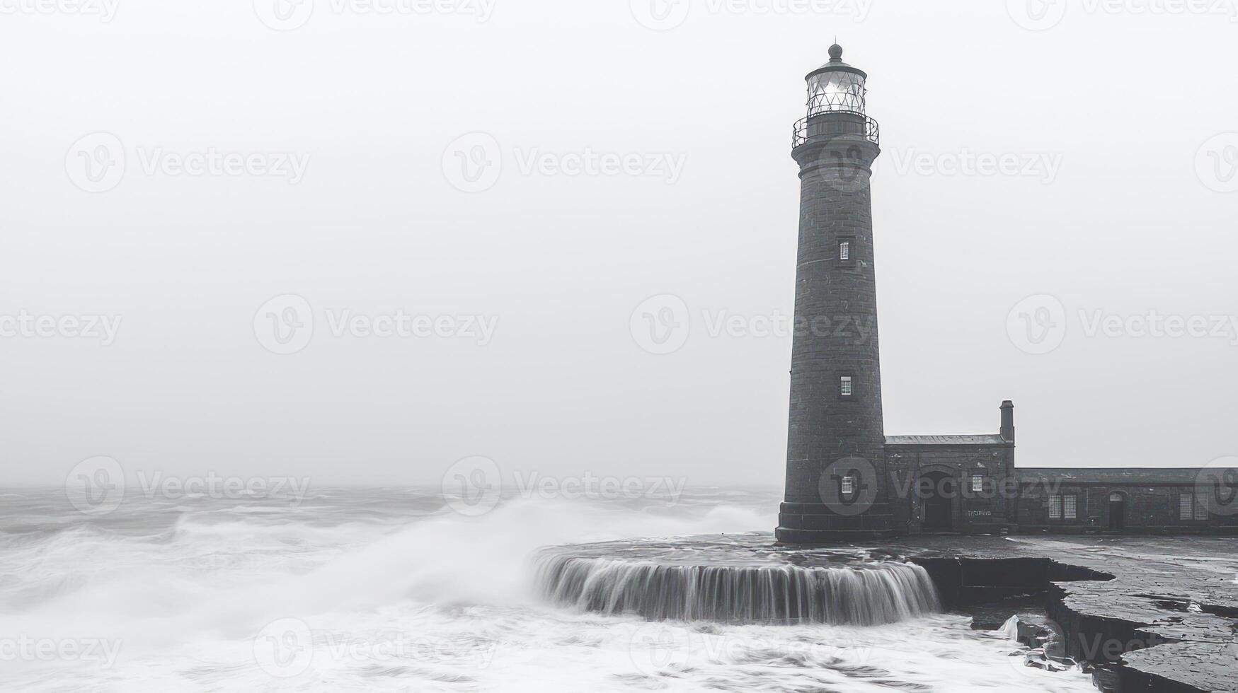 A black and white photo of a lighthouse in the ocean