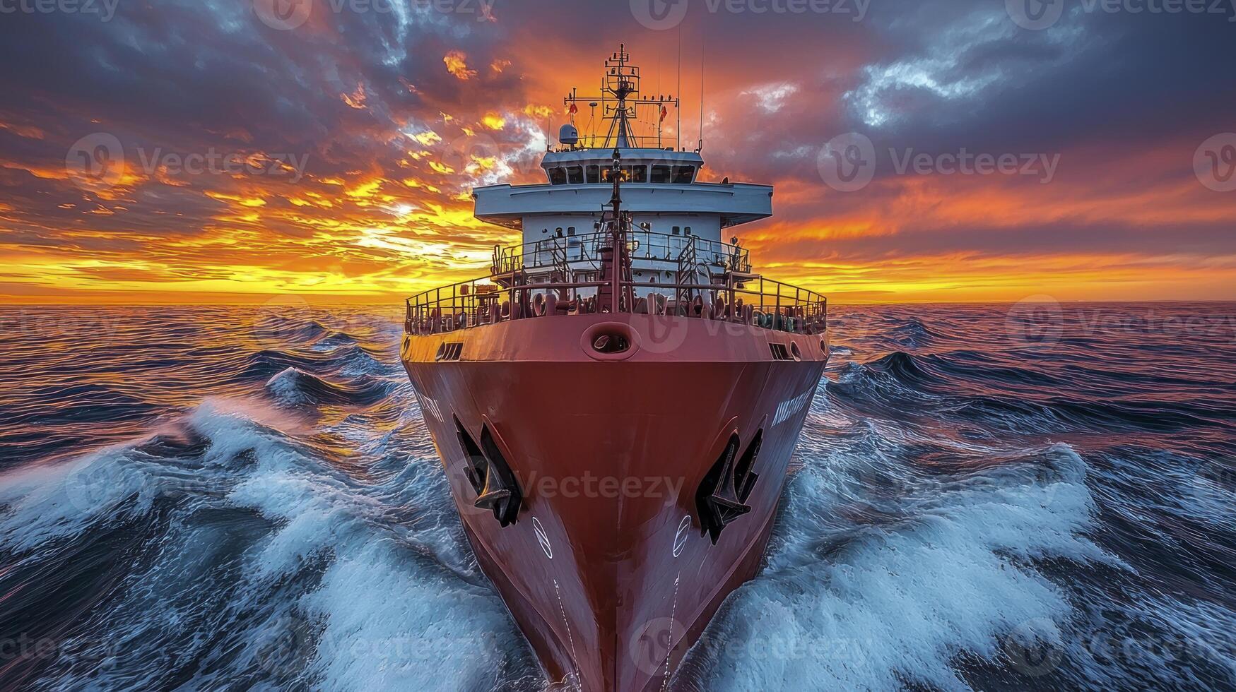 A red ship sailing in the ocean at sunset photo