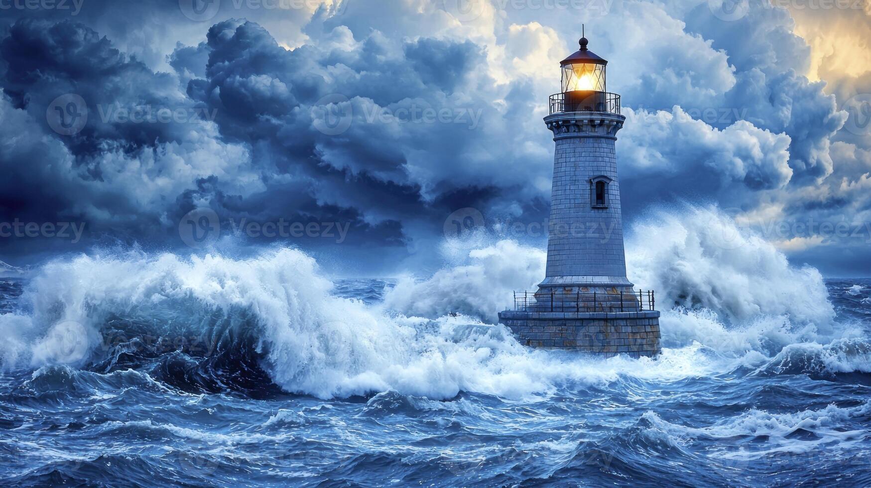 Lighthouse in stormy sea with waves and clouds photo