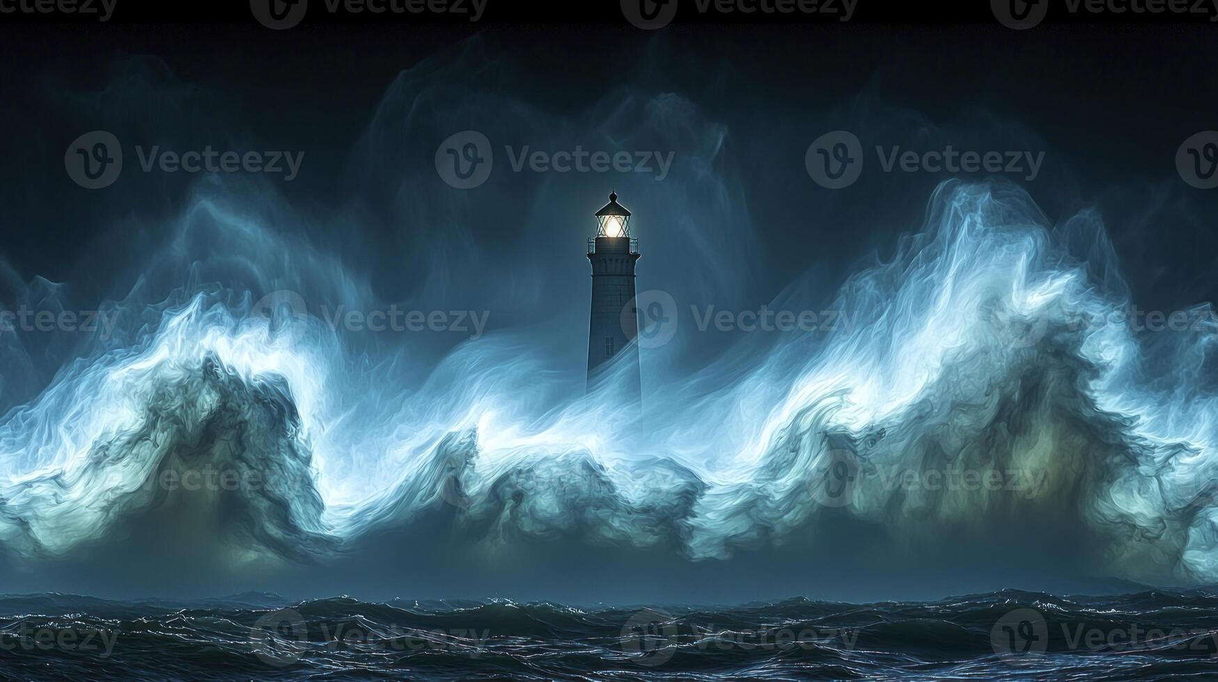 A lighthouse is surrounded by a large wave photo