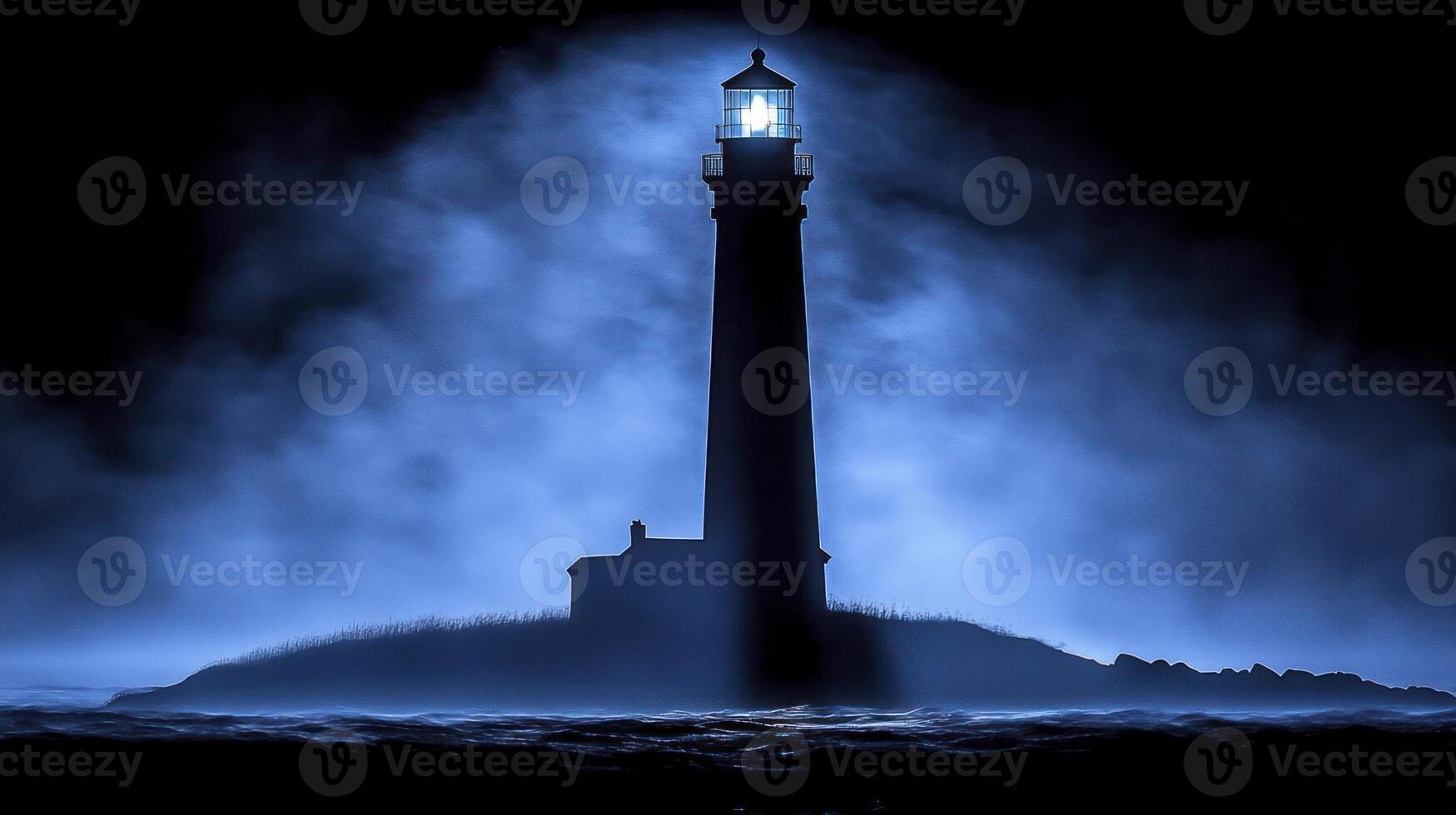 A lighthouse is seen in the fog at night photo