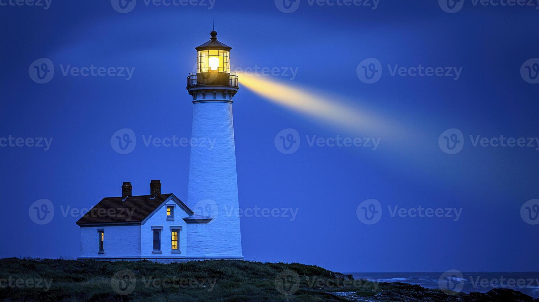 A lighthouse is lit up at night photo