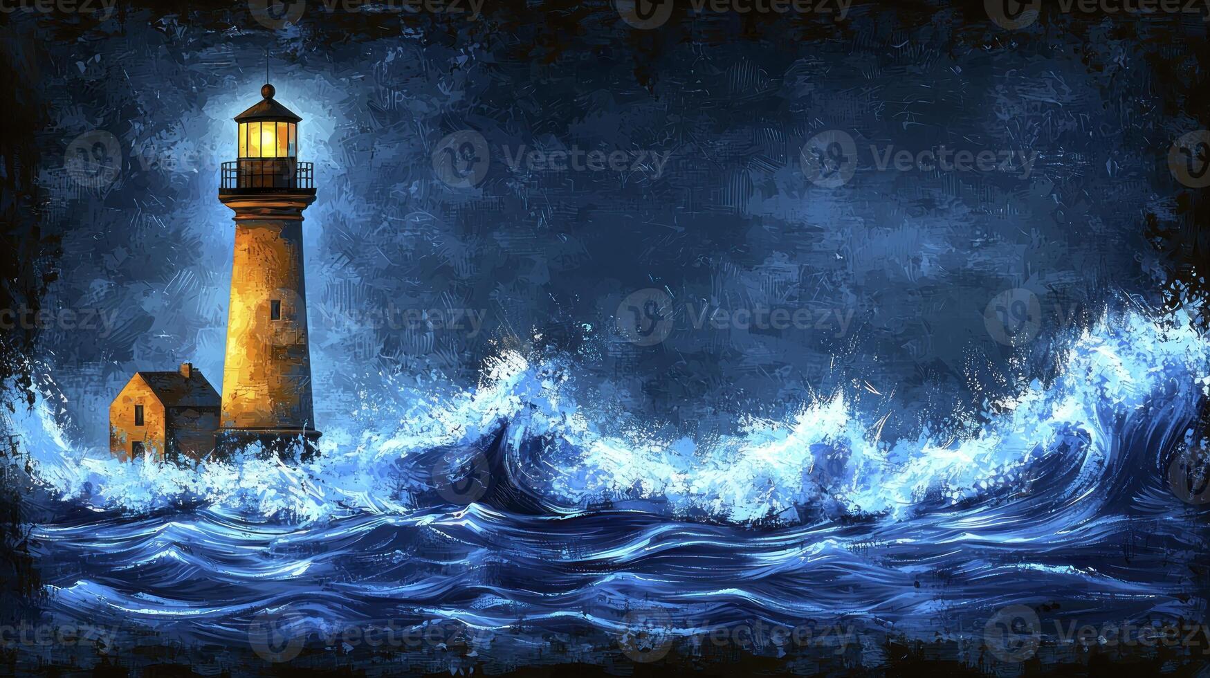 A painting of a lighthouse in the ocean photo