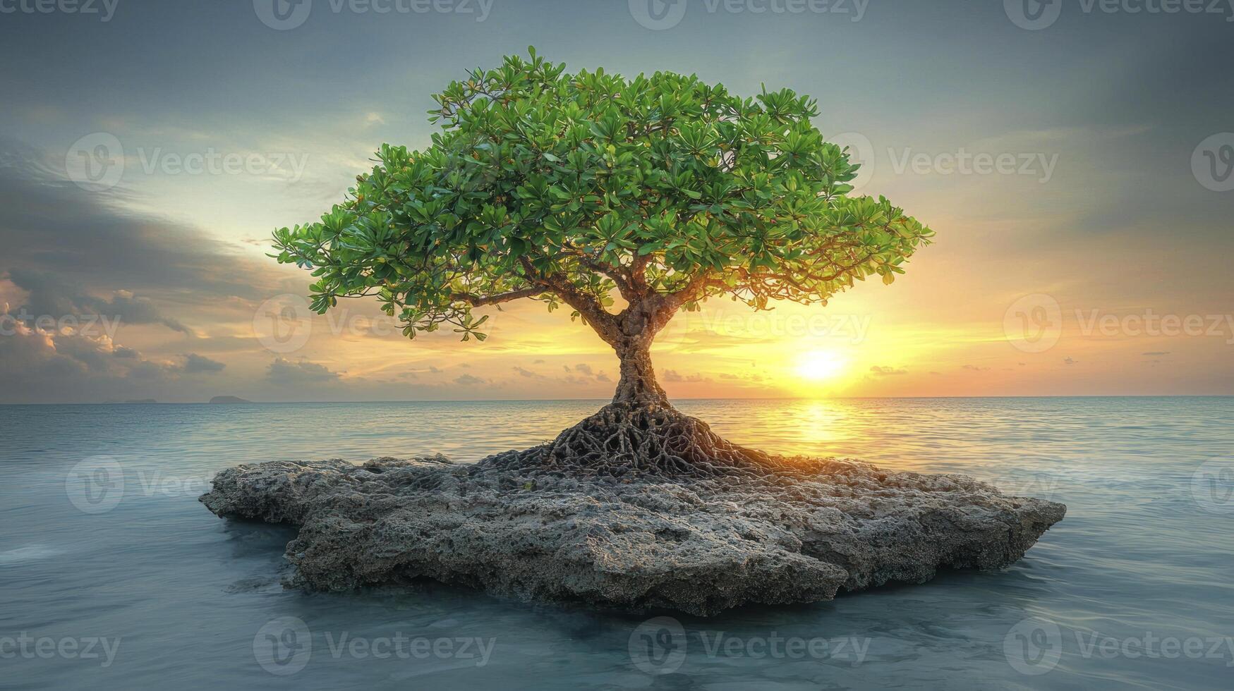 Tree on rock in the ocean at sunset photo