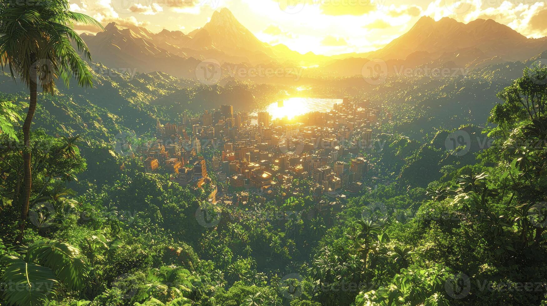 A tropical forest with mountains and trees photo