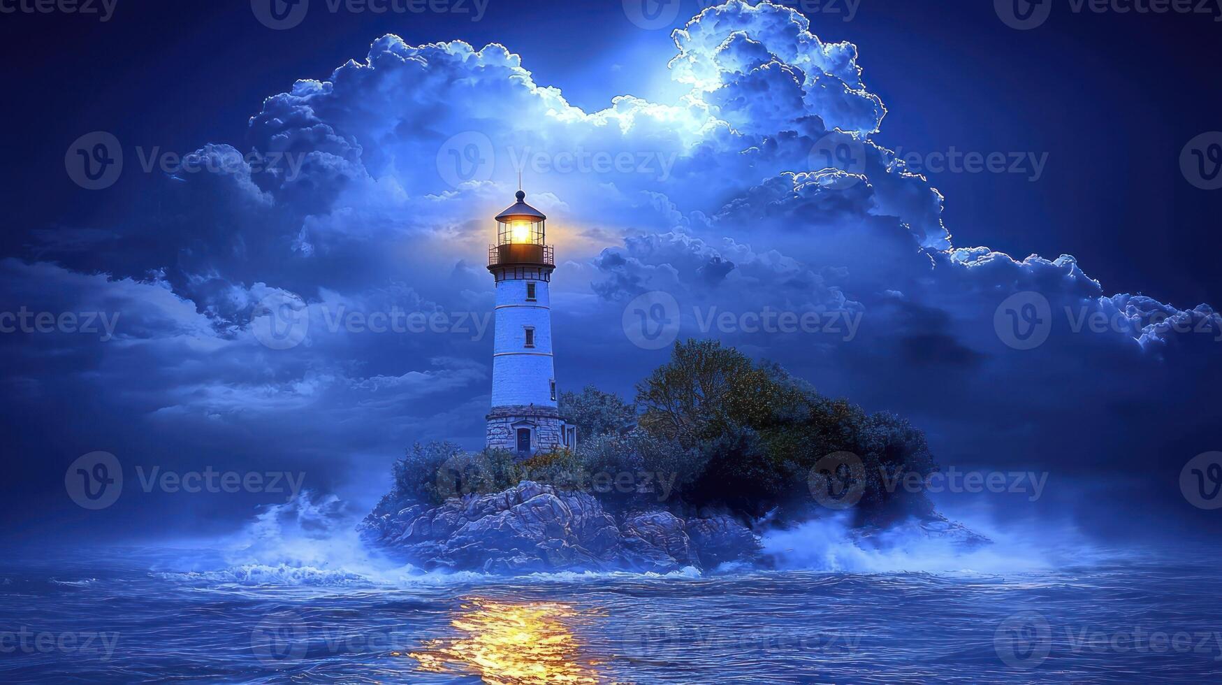 A lighthouse on an island surrounded by clouds photo
