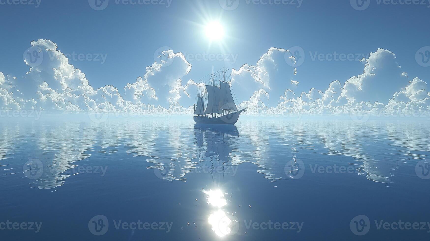 A sailboat floating in the ocean with clouds and sun photo