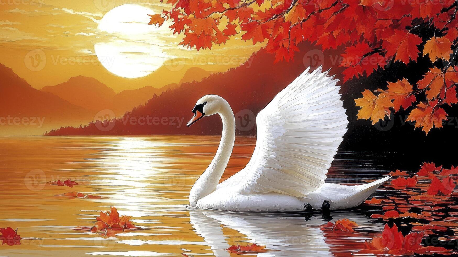 A painting of a swan on the water with autumn leaves photo