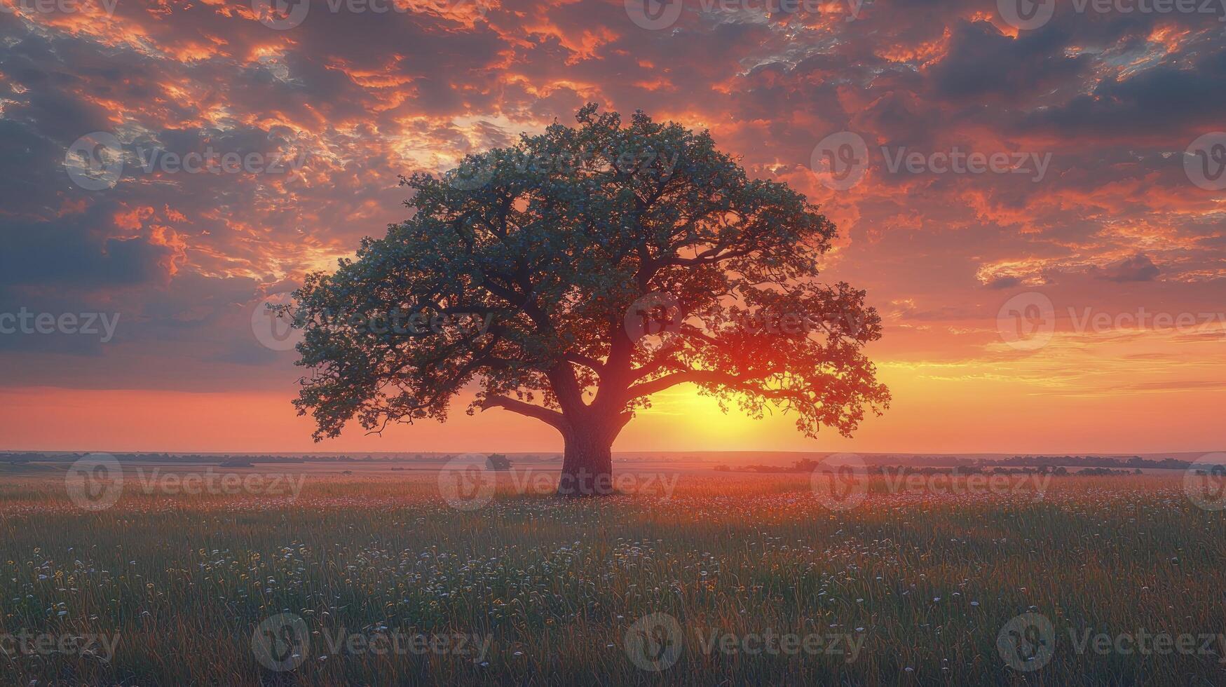 A lone tree in a field at sunset photo