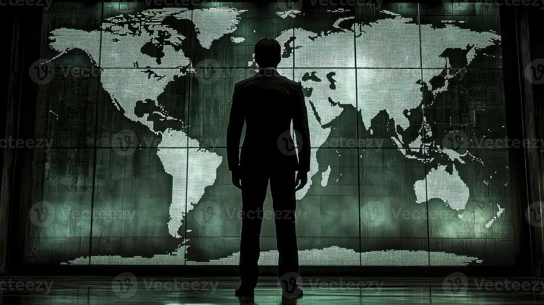 A man standing in front of a world map photo