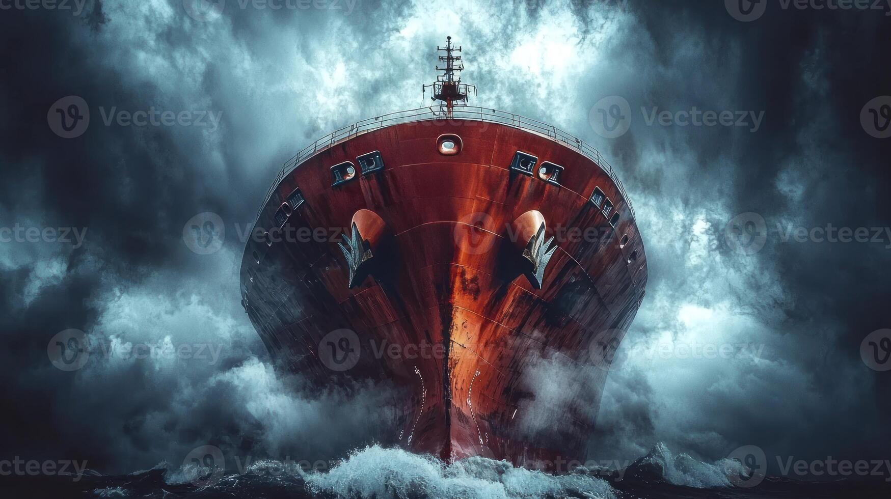 A large red ship in the ocean with storm clouds photo