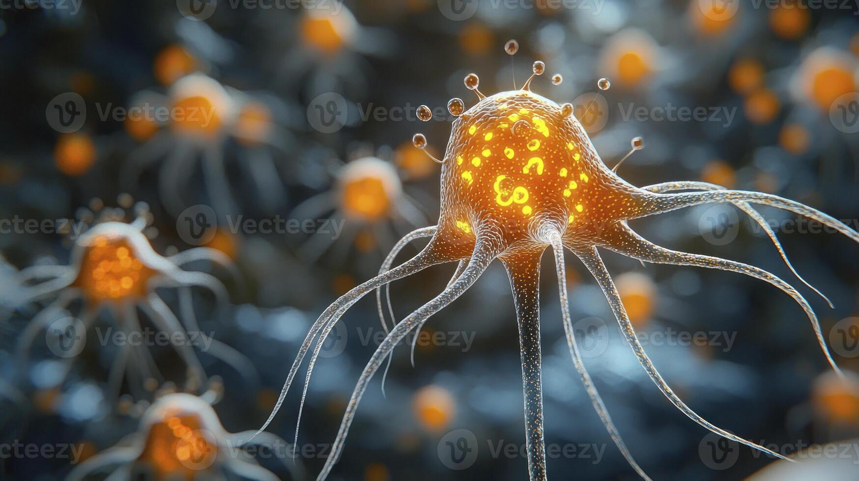 A close up of a cell with many small orange spots photo