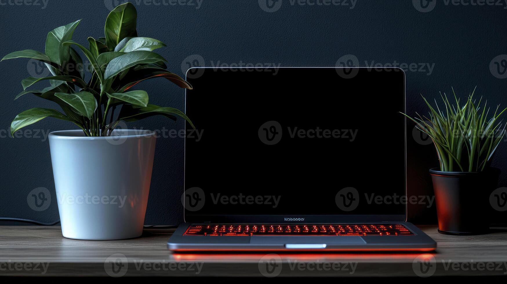 A laptop sitting on a desk next to a plant photo