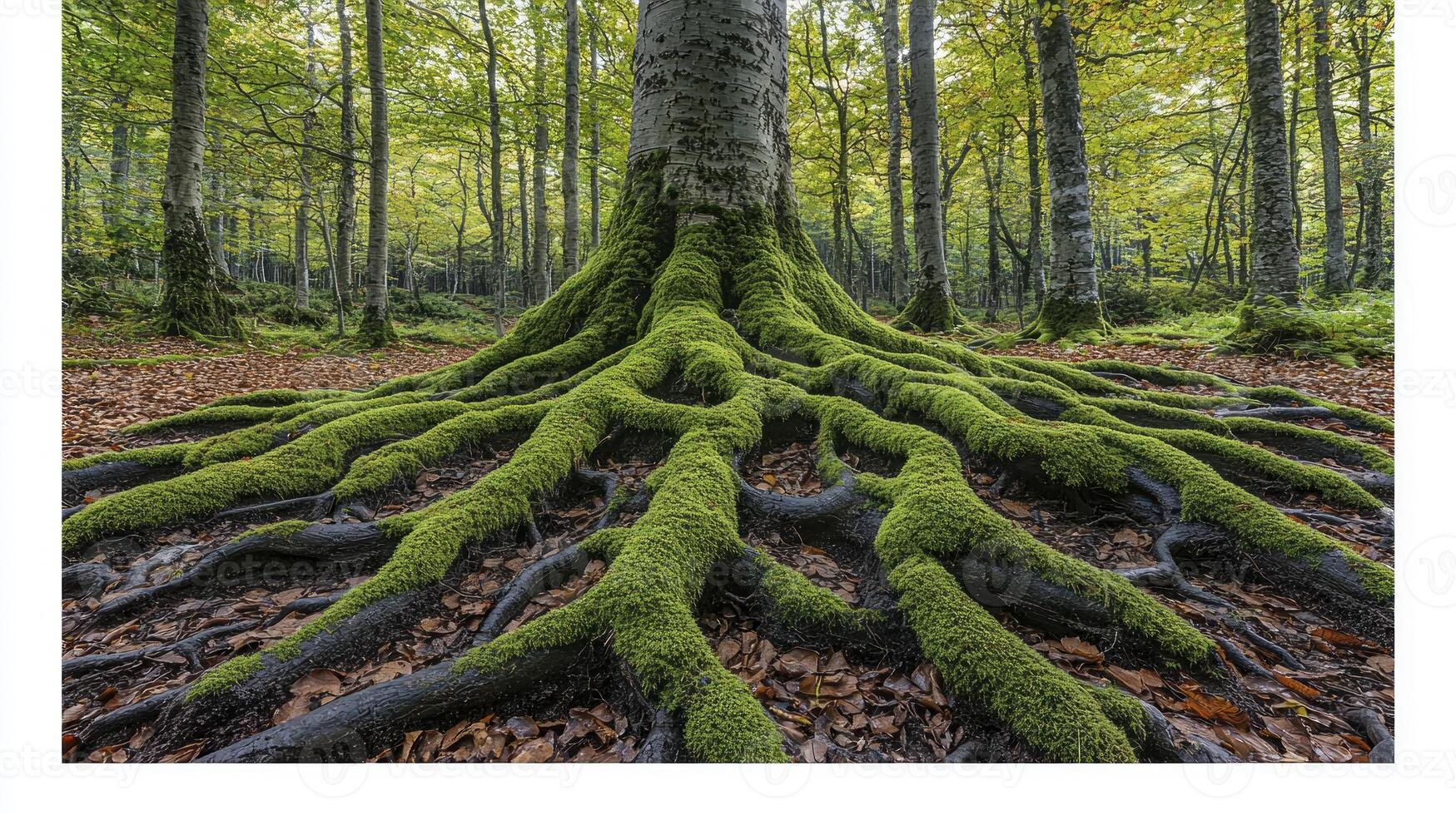 A large tree with mossy roots in the forest photo