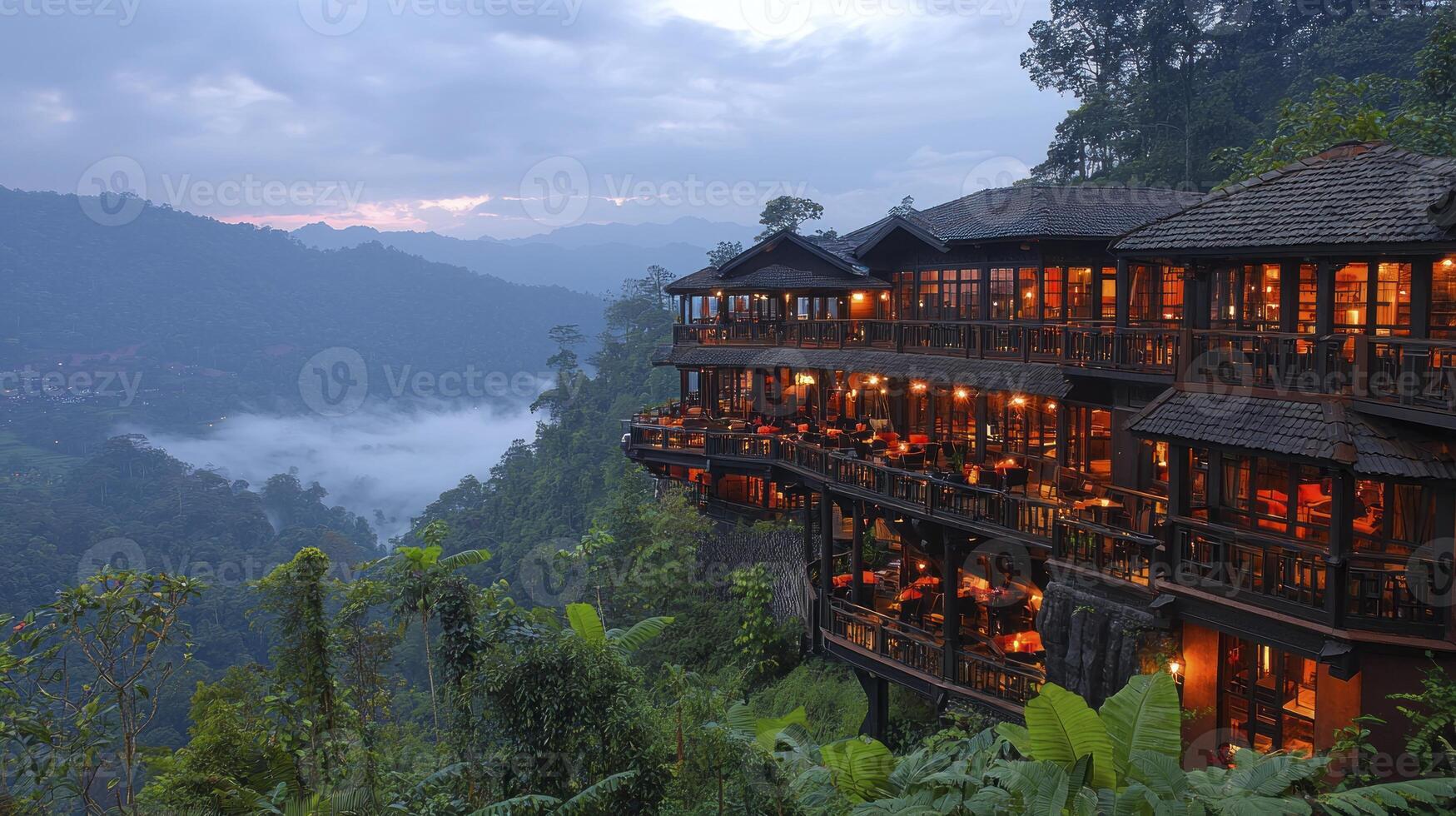A restaurant on top of a mountain overlooking the valley photo