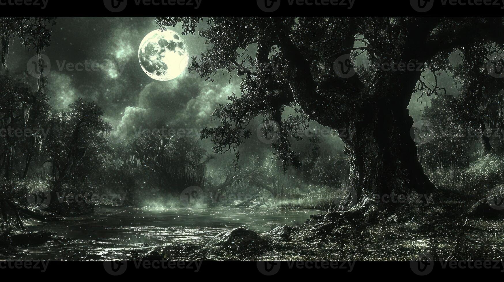 A dark forest with a full moon in the sky photo