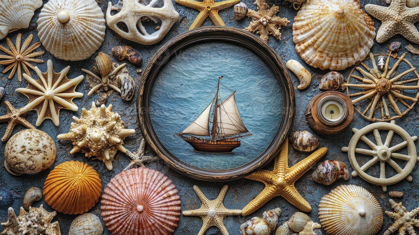 A boat is surrounded by shells and seashells photo