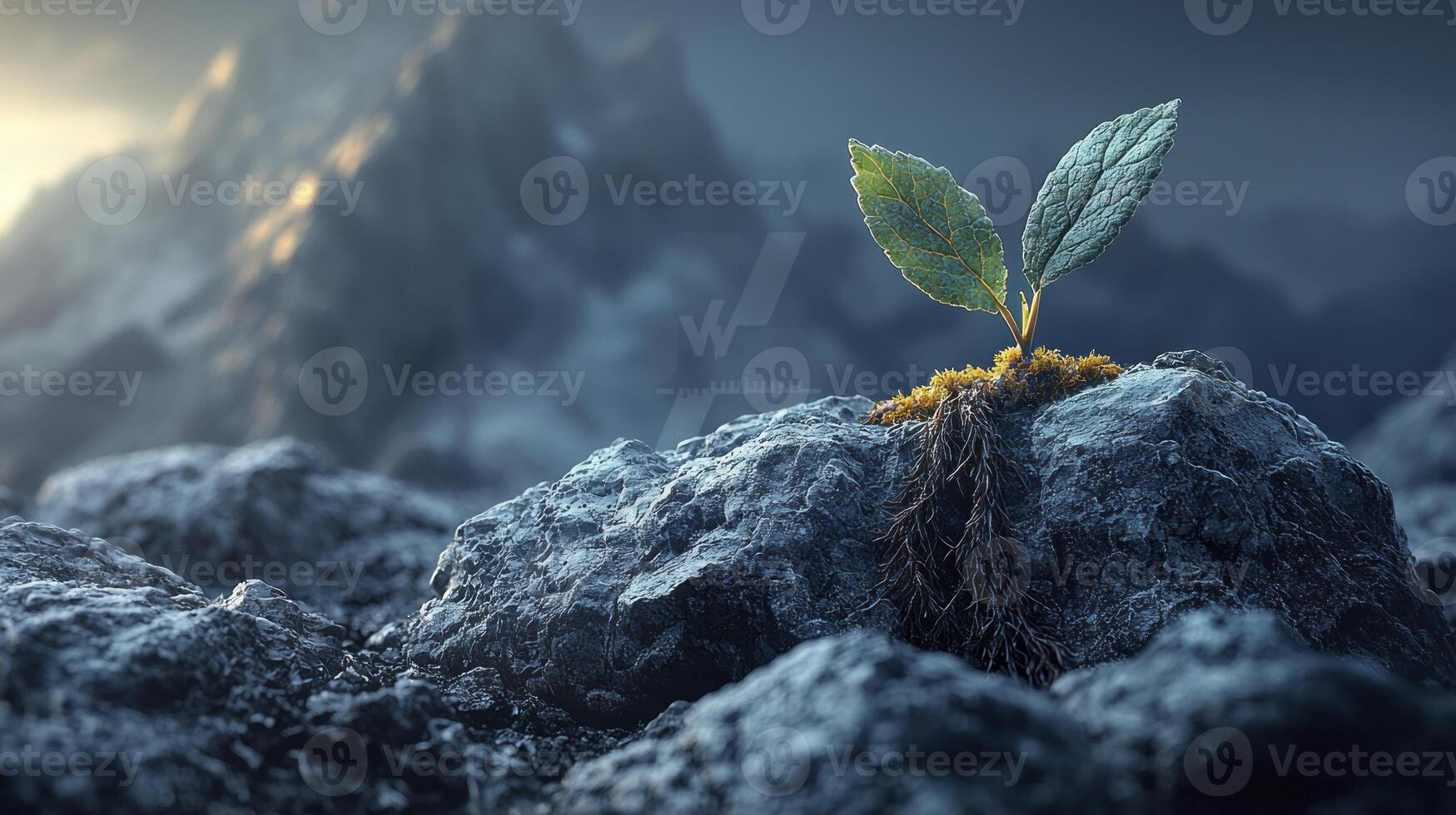 A plant growing on a rock in the mountains photo