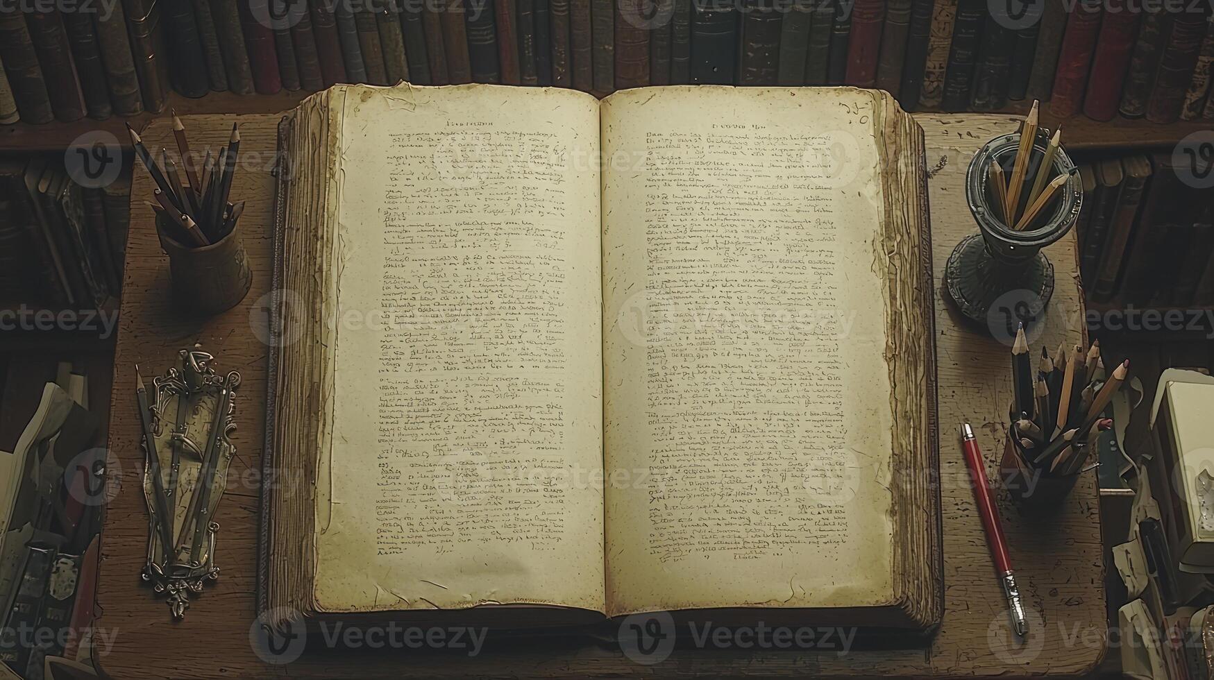 An open book on a desk with a pencil and a pen photo
