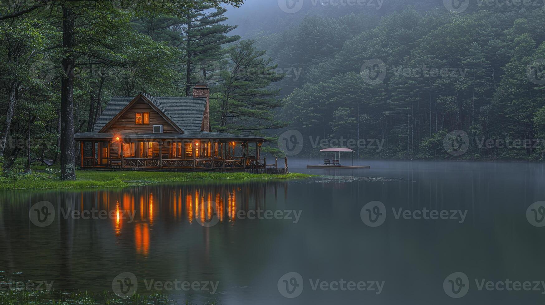 A small cabin sits on the edge of a lake photo
