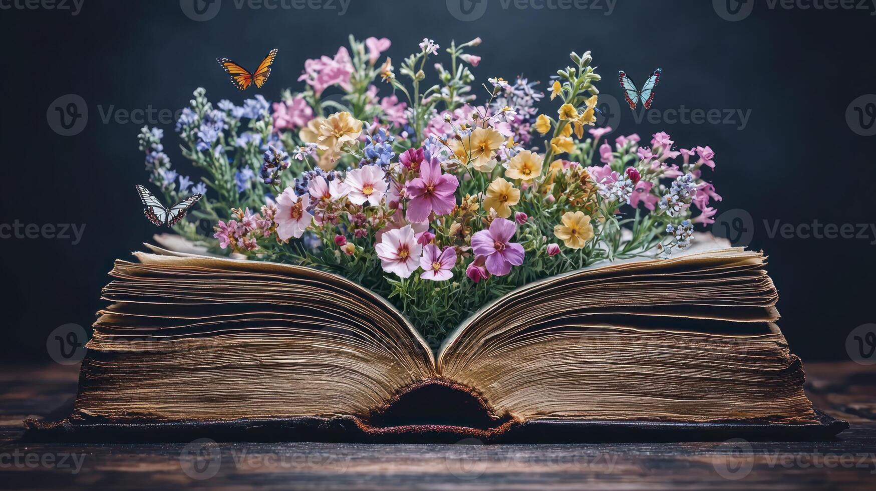 An open book with flowers and butterflies photo