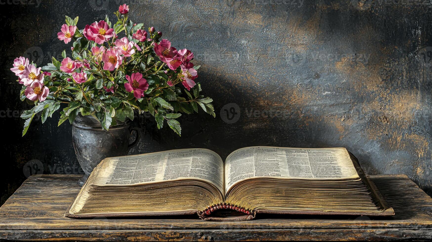 An open bible and flowers on a table photo