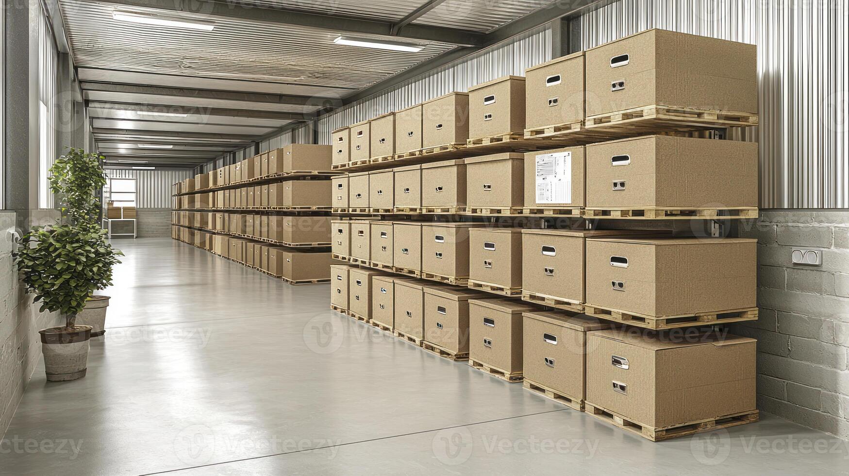 A large warehouse with many boxes and shelves photo