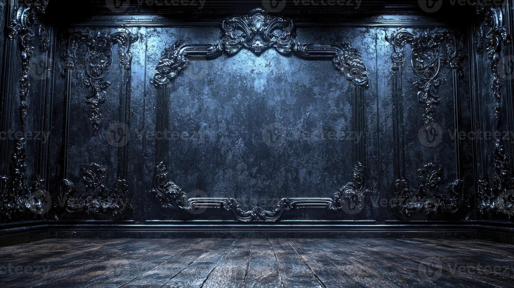 An empty room with dark wood floors and ornate walls photo