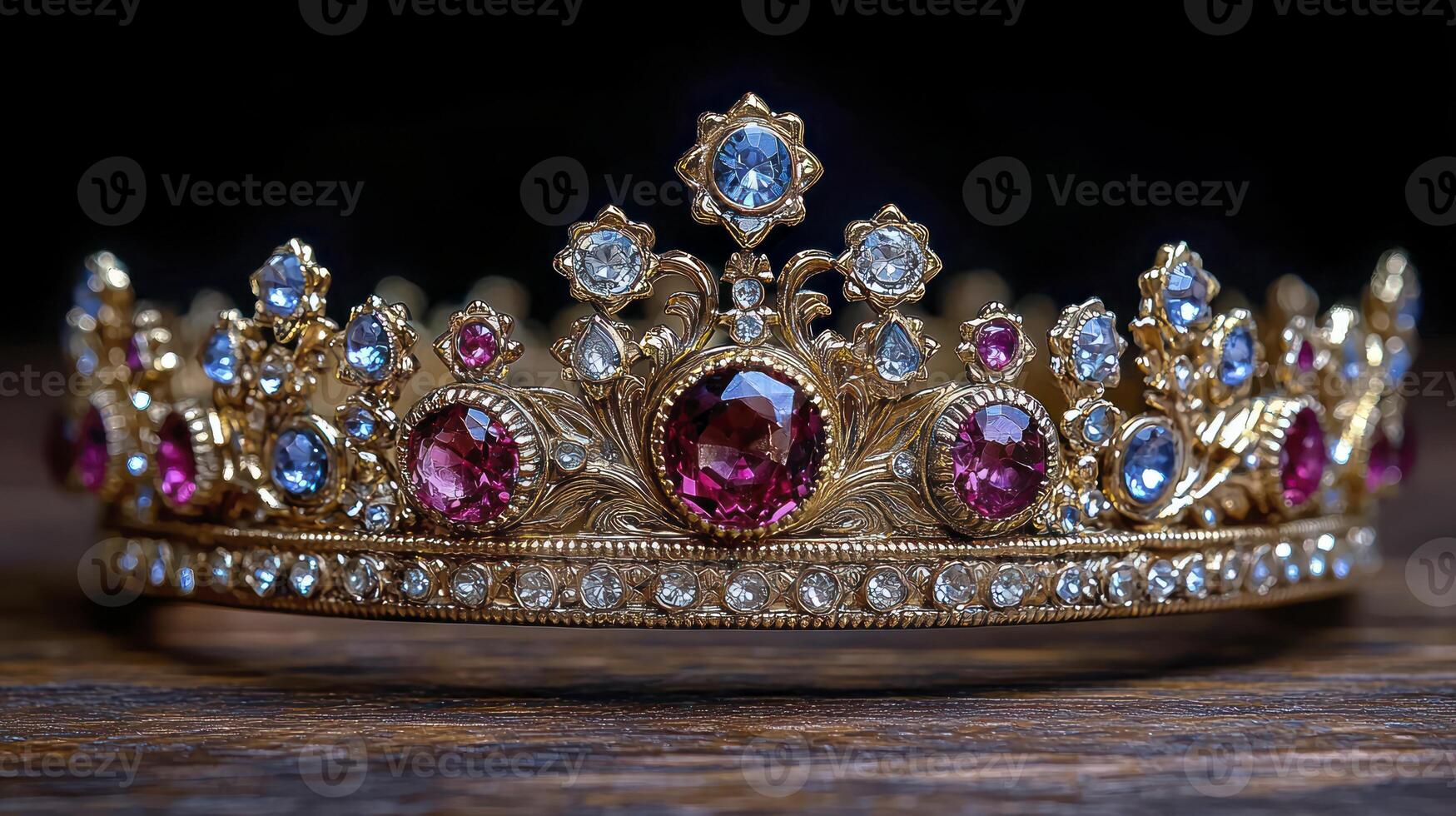 A crown with pink and blue stones on it photo