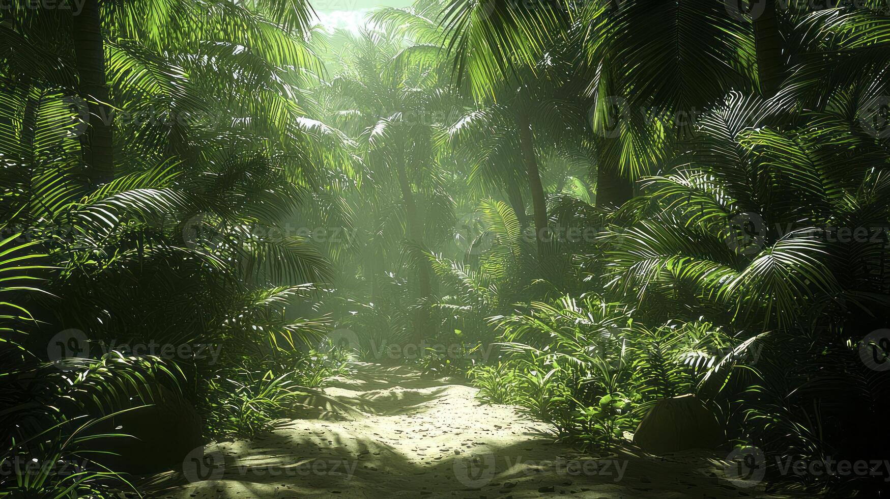 A path through a jungle with palm trees and grass photo