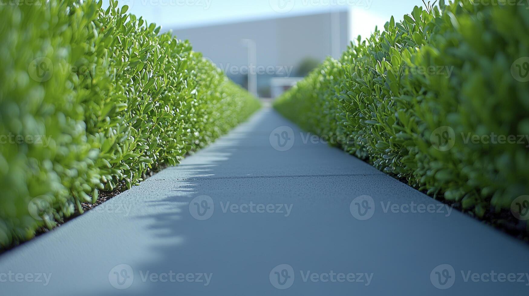 A walkway lined with bushes and trees photo