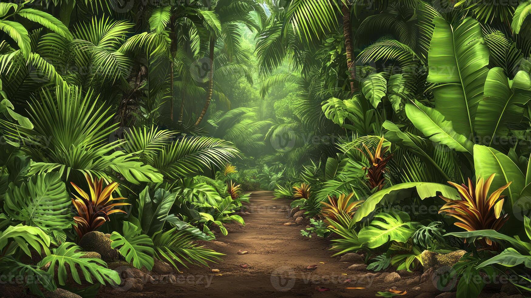 A jungle path through the jungle with lots of plants photo