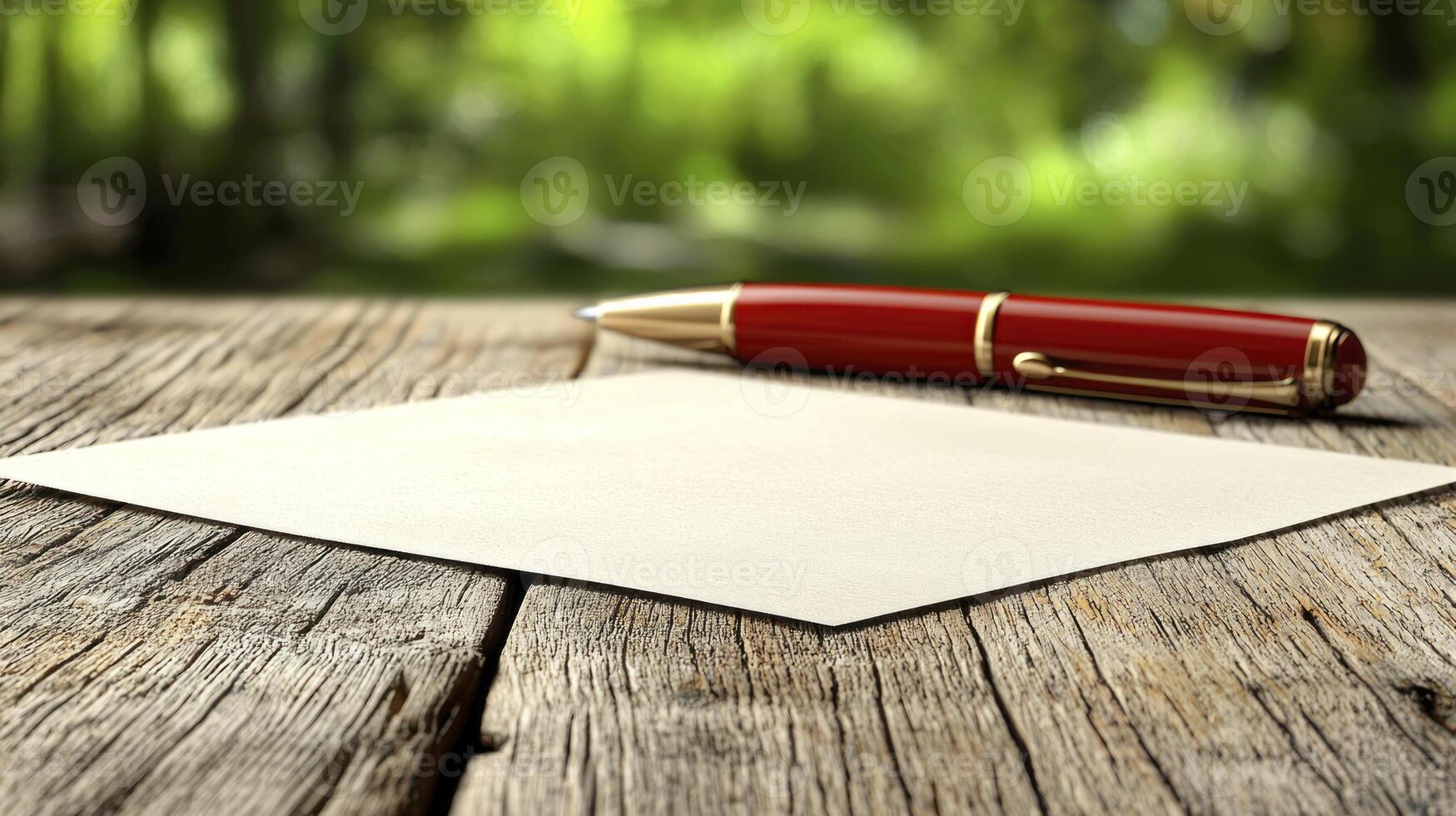 A red pen and a blank sheet of paper on a wooden table photo