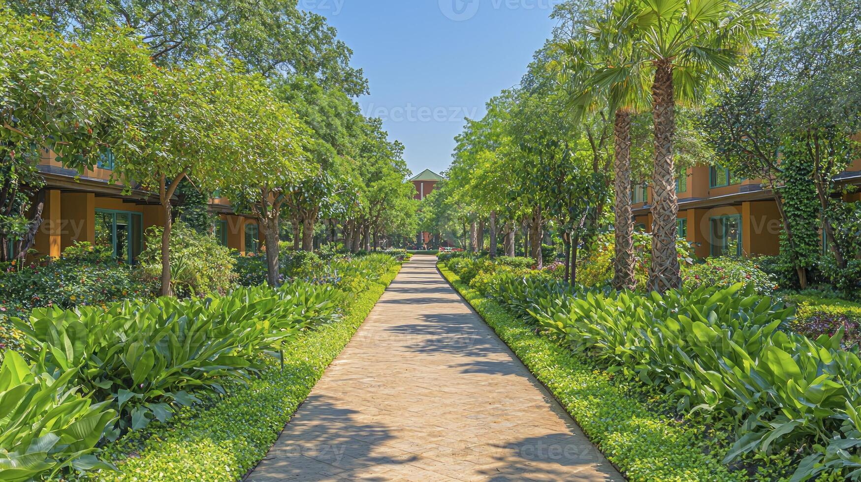 A pathway lined with trees and shrubs photo