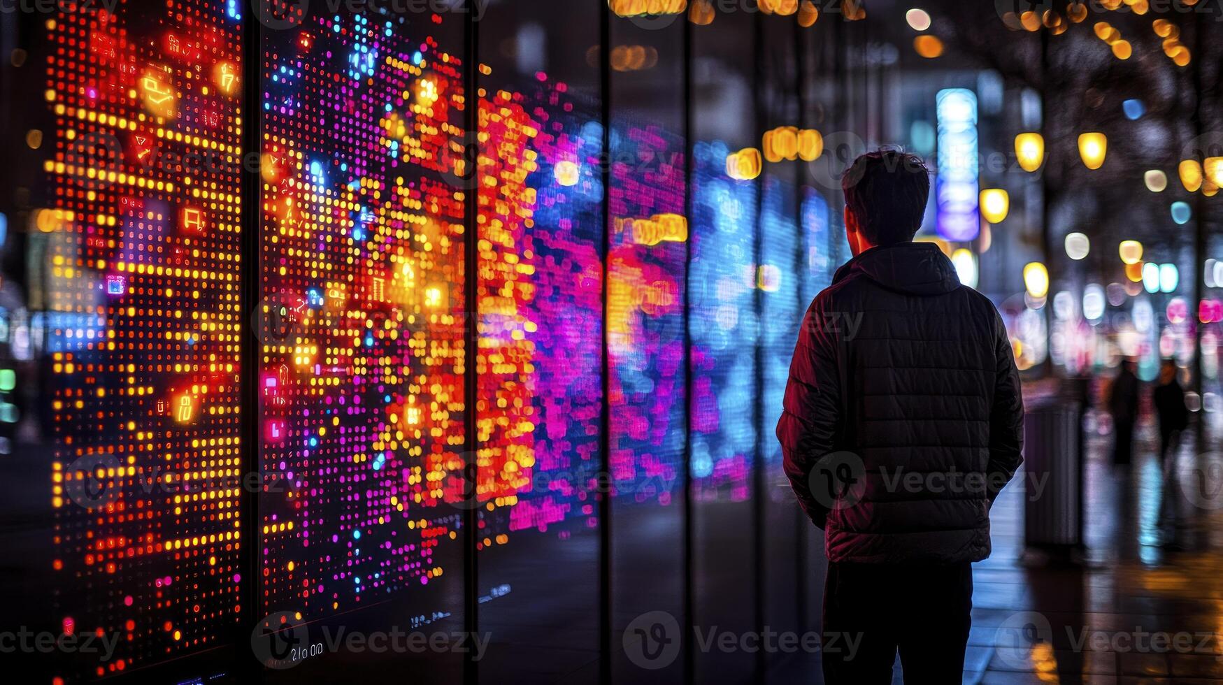 A man standing in front of a wall with colorful lights photo
