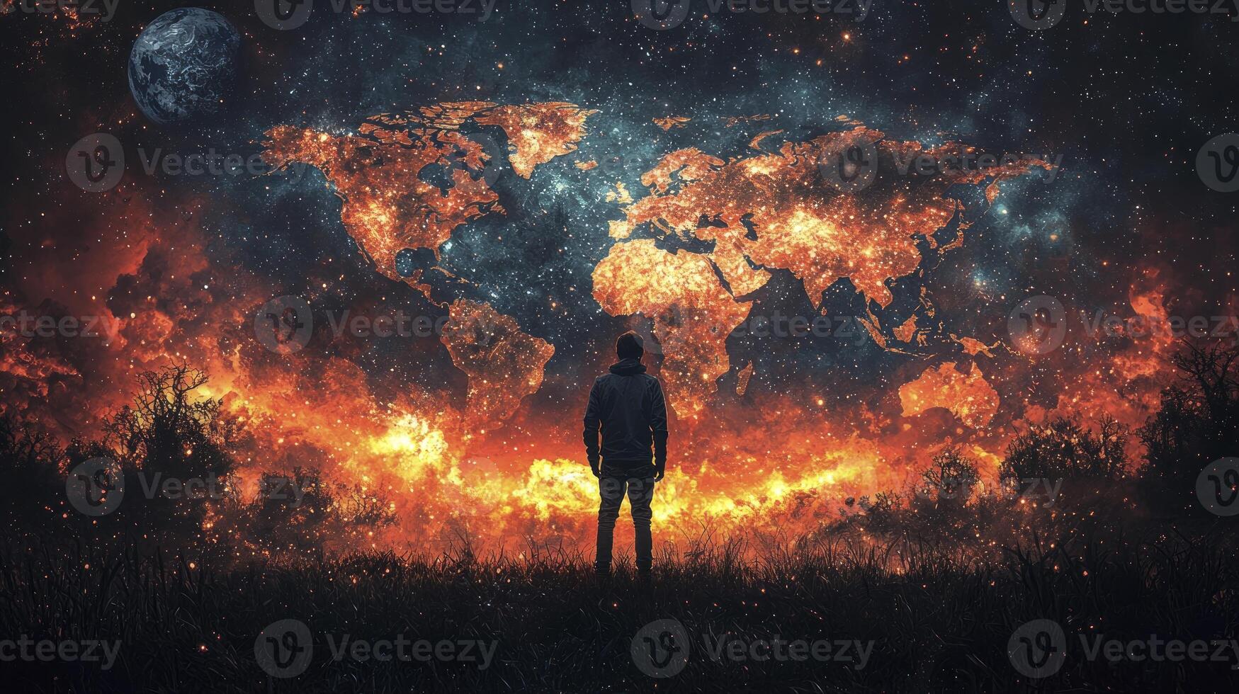 A man standing in front of a world map with fire and smoke photo