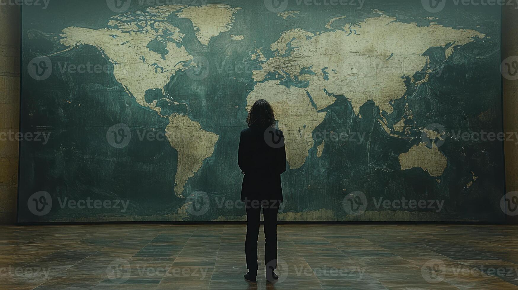 A person standing in front of a world map photo