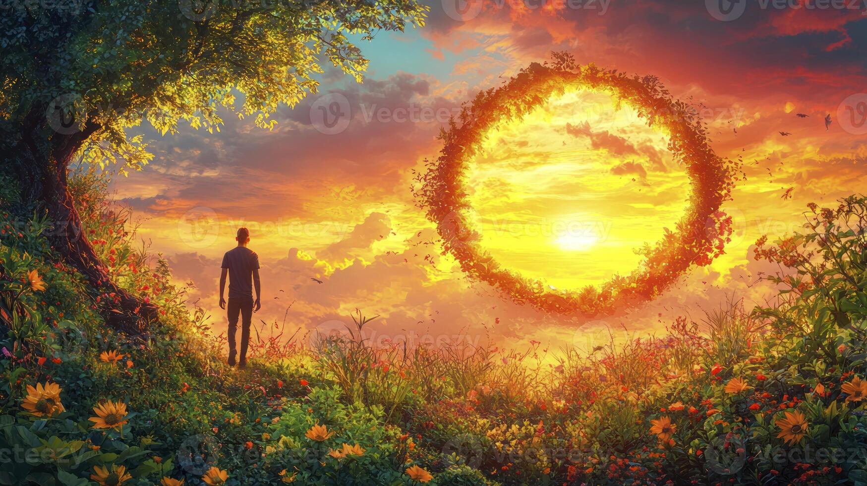 A man standing in front of a circle of sun photo