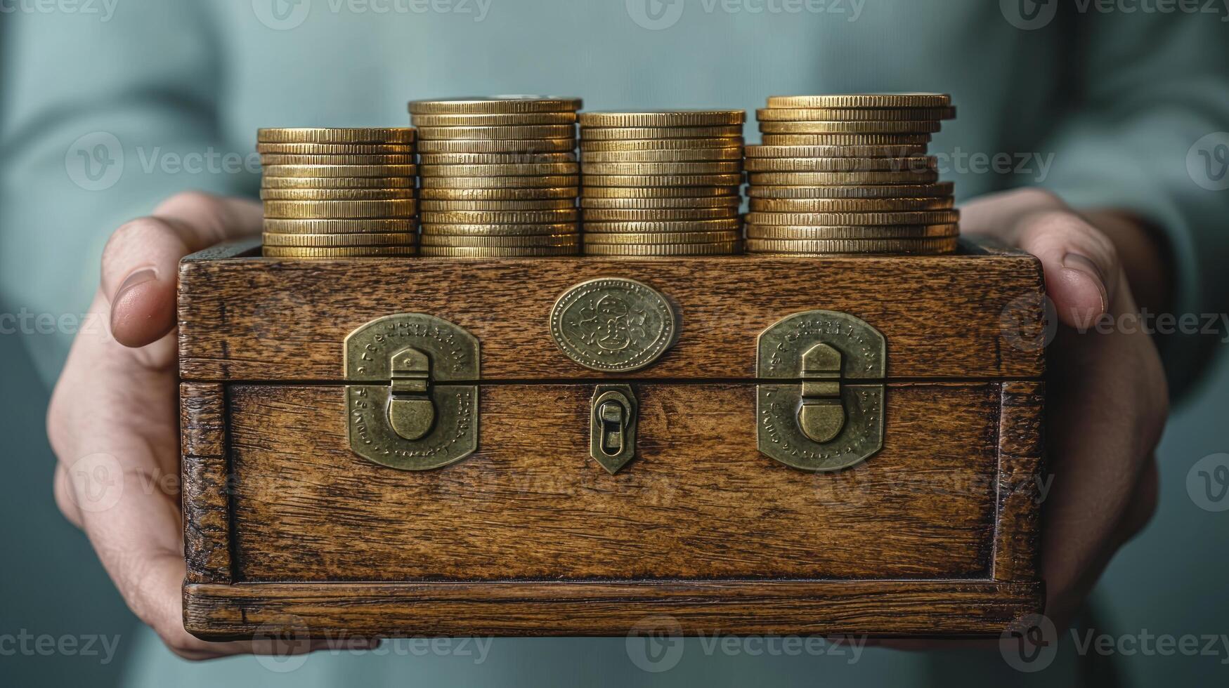 A person holding a wooden chest with coins photo